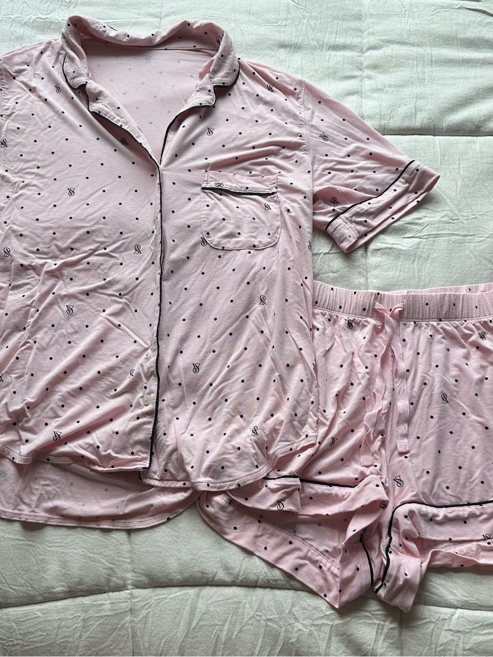 Victoria's Secret Light Pink Short-Sleeve Pajama Set with Navy Trim